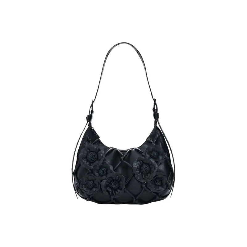 Desigual black leather hobo bag with quilted diamond pattern and dimensional floral appliqués featuring interior pocket