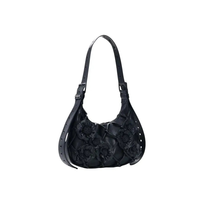 Sac hobo noir zippé Desigual avec applications florales et poche intérieure