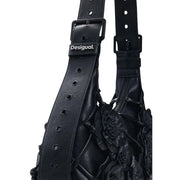 Desigual black leather shoulder bag with embossed floral detailing and branded buckle zipper with interior pocket