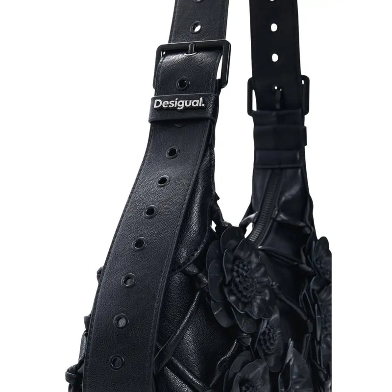 Desigual black leather shoulder bag with embossed floral detailing and branded buckle zipper with interior pocket