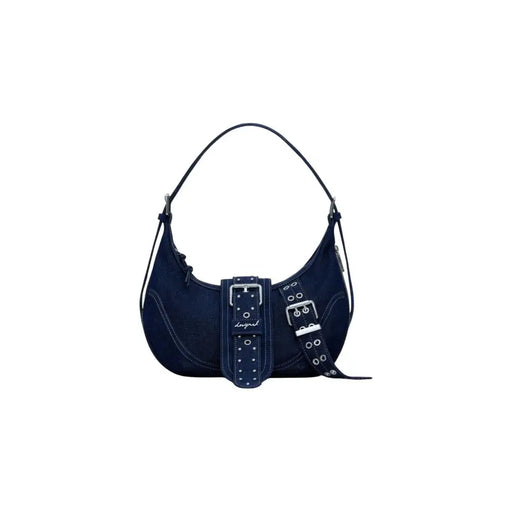 Dark blue denim shoulder bag with silver buckles and studs from Desigual Blue Cotton collection