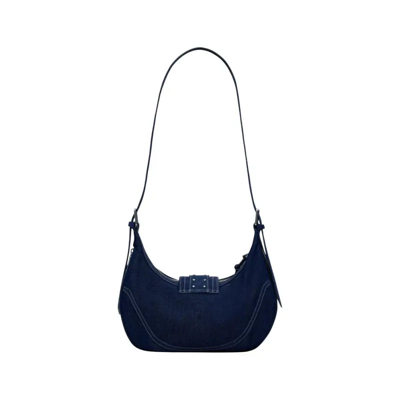 Dark blue denim shoulder bag with white stitching, silver buckle, from Desigual Blue Cotton collection