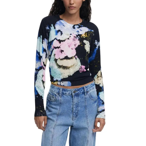 Women’s black long-sleeved sweater with colorful abstract floral print from Desigual