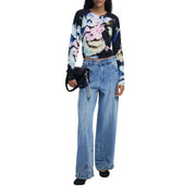 Black long-sleeve crop top with colorful abstract floral print in Desigual Blue Floral Round Neck Long Knit Sweater