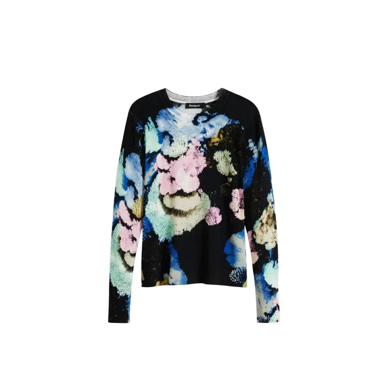 Black long-sleeved floral print top from Desigual Blue Floral Round Neck Long Knit Sweater