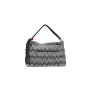 Desigual blue geometric cotton handbag with gray geometric pattern braided black handle and tassel detail