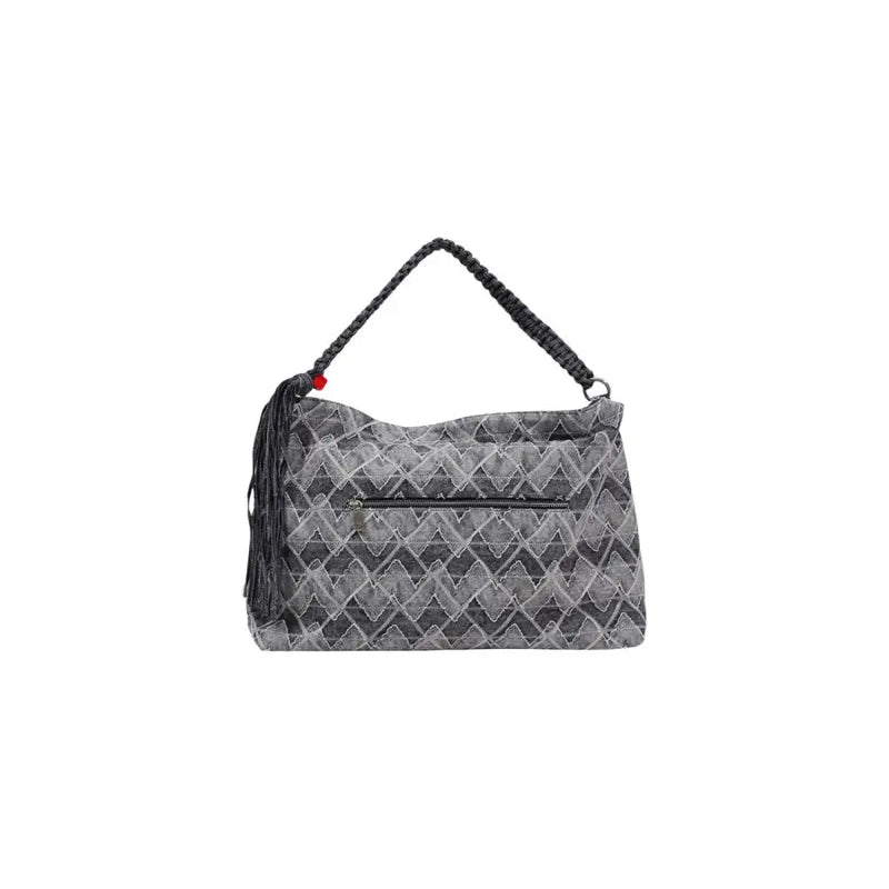 Desigual blue geometric cotton handbag with gray geometric pattern braided black handle and tassel detail