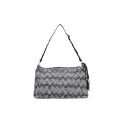 Desigual blue geometric cotton handbag with gray pattern, black strap, tassel detail, and zip pocket