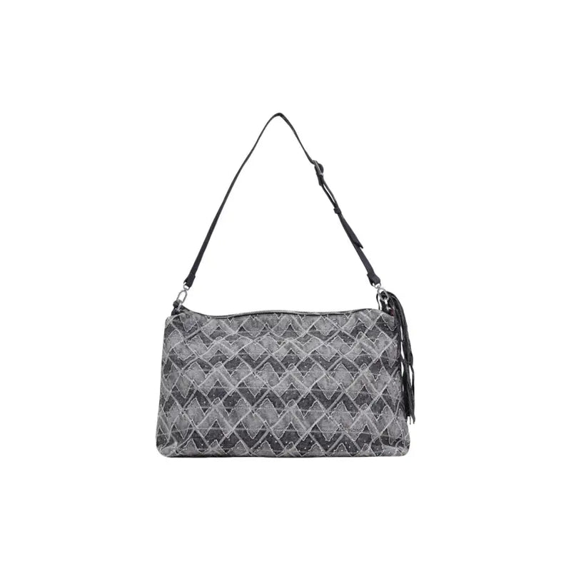 Desigual blue geometric cotton handbag with gray pattern, black strap, tassel detail, and zip pocket