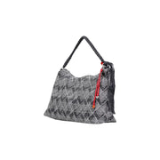 Desigual blue geometric cotton handbag with gray geometric pattern shoulder bag braided black handle and red drawstring closure