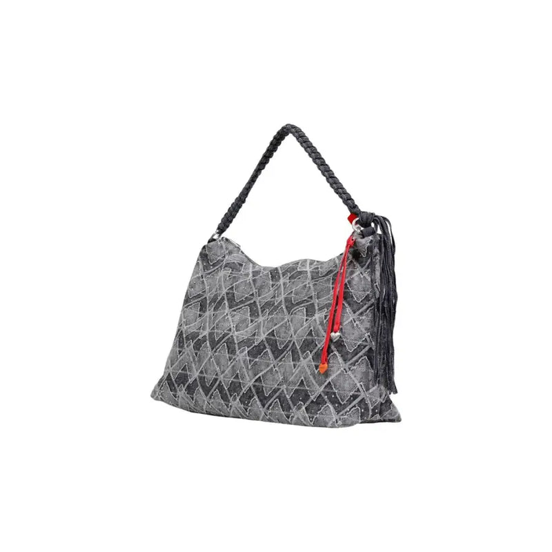 Desigual blue geometric cotton handbag with gray geometric pattern shoulder bag braided black handle and red drawstring closure