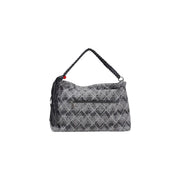 Desigual blue geometric cotton handbag with gray geometric pattern braided black handle and tassel detail