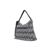 Gray geometric-patterned cotton handbag by Desigual with braided black handle and red accent bead with zip pocket