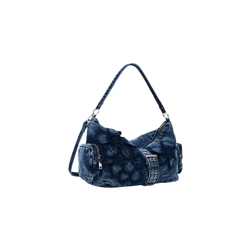 Desigual blue denim shoulder bag with floral appliqué silver toned hardware and multiple pockets for daily use