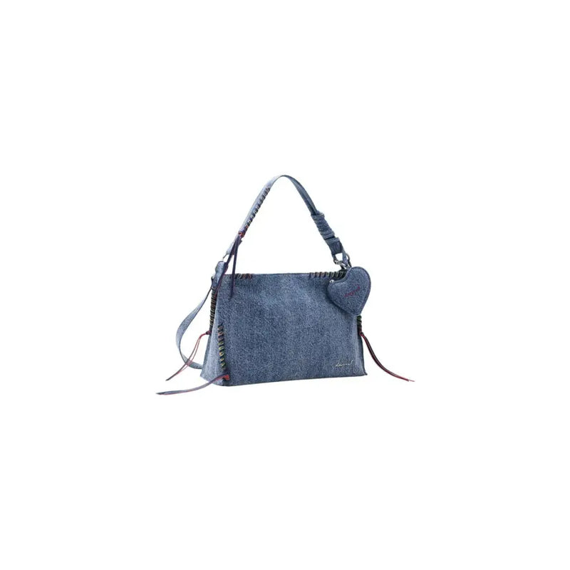 Desigual blue denim shoulder bag with braided handles heart shaped charm and multiple pockets for daily use