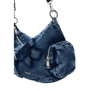 Desigual blue denim shoulder bag with stitched floral appliqué silver toned hardware and multiple pockets
