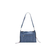 Denim shoulder bag with textured blue fabric body silver zipper pocket and matching strap by Desigual