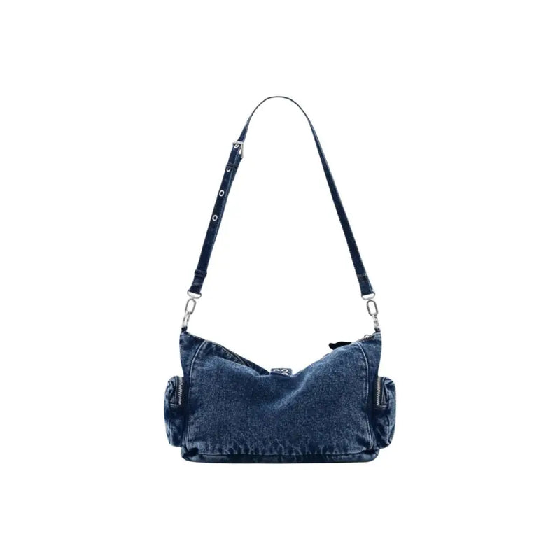 Desigual blue handbag with shoulder strap and pockets featuring dark blue worn denim fabric and black leather straps