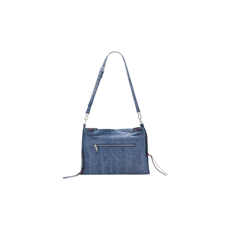 Denim shoulder bag with textured blue fabric body silver zipper pocket and matching strap by Desigual