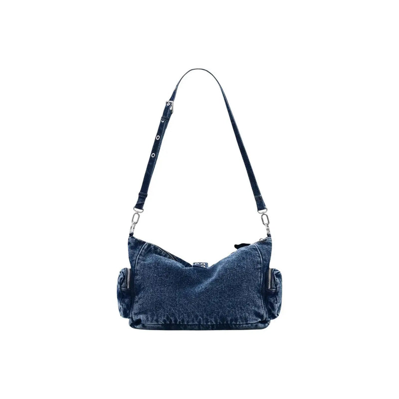 Desigual blue handbag with shoulder strap and pockets featuring dark blue worn denim fabric and black leather straps