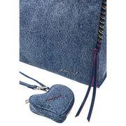 Denim-textured heart-shaped coin purse with red embroidery and silver zipper featured in desigual blue handbag with shoulder strap and pockets