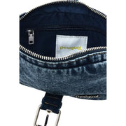 Denim blue Desigual crossbody handbag with silver zipper and buckle featuring shoulder strap and zip pocket