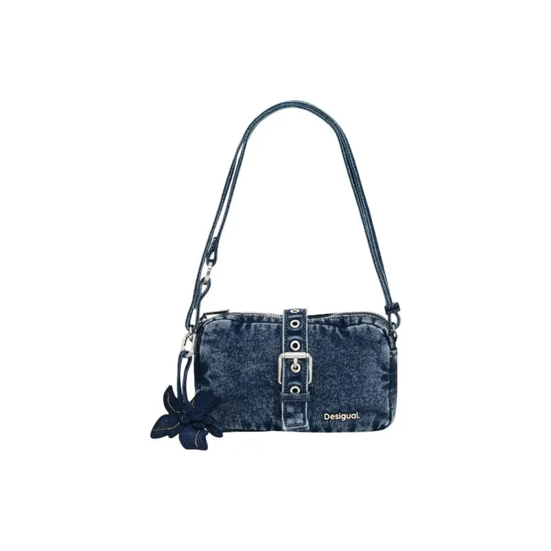 Denim Desigual blue handbag with shoulder strap silver buckle and black flower charm featuring zip pocket