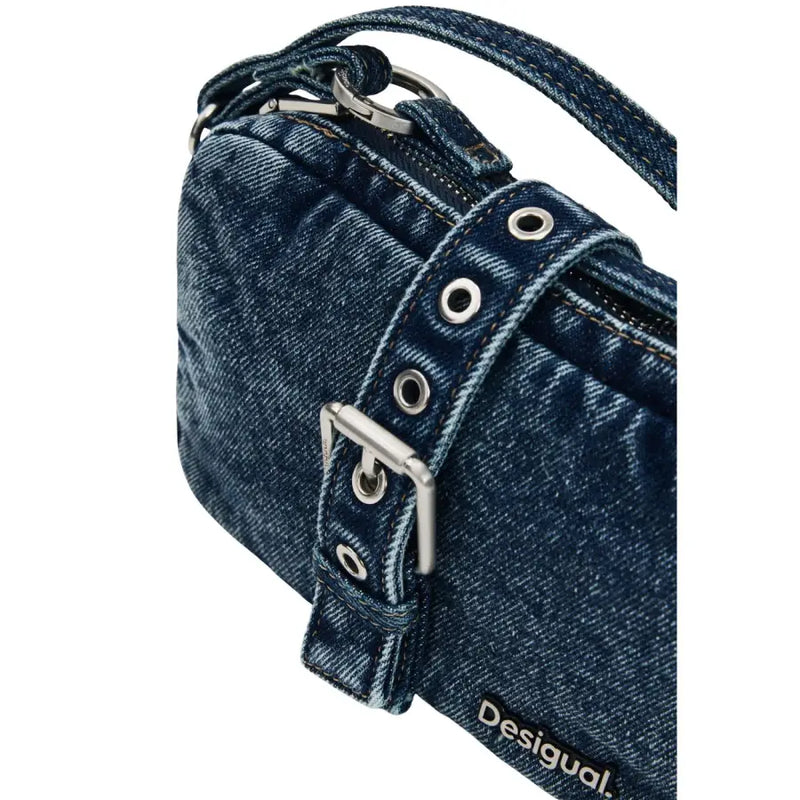 Denim crossbody bag with silver-toned buckle and hardware featuring shoulder strap and zip pocket by Desigual blue handbag