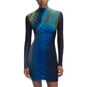 Desigual Blue Long Round Neck Dress for Women featuring a long-sleeved mini dress with an abstract blue and green pattern and ruched detailing