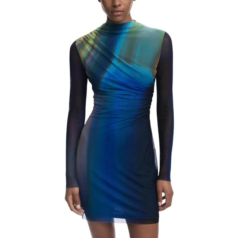 Desigual Blue Long Round Neck Dress for Women featuring a long-sleeved mini dress with an abstract blue and green pattern and ruched detailing