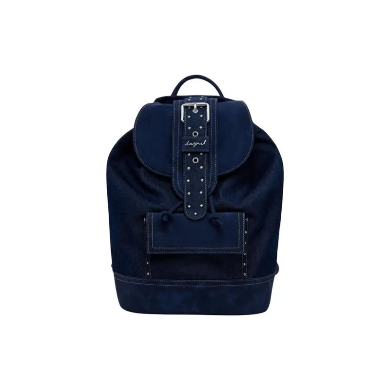 Navy blue suede Desigual womens backpack with leather strap and silver-toned buckle from fall winter collection