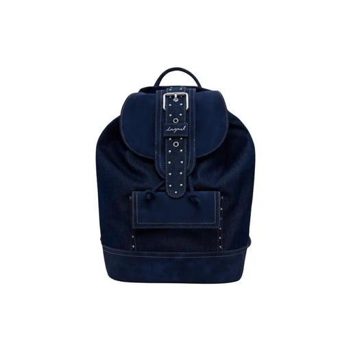Navy blue suede Desigual womens backpack with leather strap and silver-toned buckle from fall winter collection