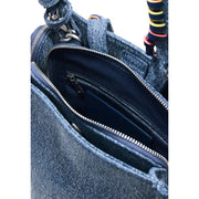 Denim blue Desigual zipper bag with pockets featuring a zipper-lined interior and colorful striped strap accents