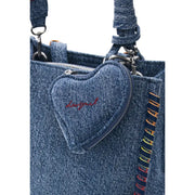 Desigual blue zippered bag with pockets featuring a denim heart-shaped charm with red embroidered logo on a blue tote