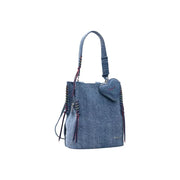 Denim blue bucket bag by desigual with heart-shaped charm braided accents and zippered pockets for organized storage
