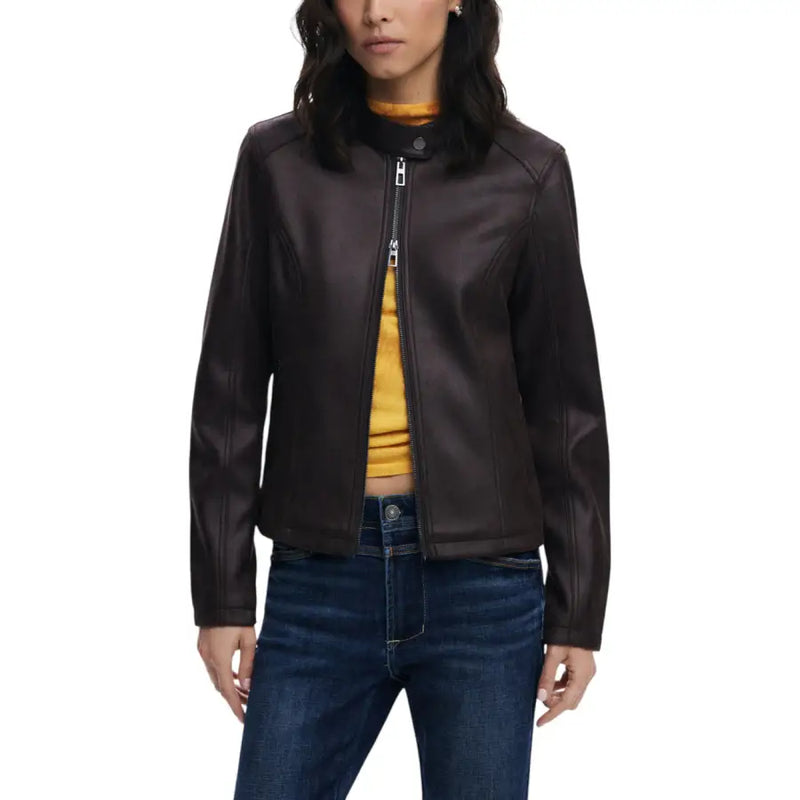 Desigual Bordeaux Zip Front Long Blazer for Women featuring a dark brown faux leather motorcycle jacket