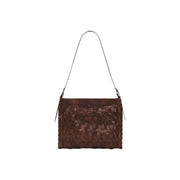 Brown woven leather shoulder bag with slender strap from desigual featuring a brown polyester zip pocket