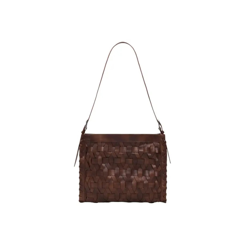 Brown woven leather shoulder bag with slender strap from desigual featuring a brown polyester zip pocket