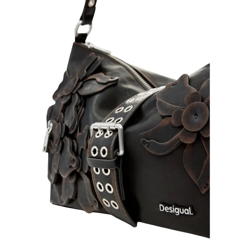 Black leather shoulder bag with dimensional floral appliqués and silver buckle strap by desigual polyester handbag