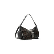 Black leather shoulder bag with dimensional floral appliqués and silver hardware, styled like Desigual brown polyester handbag