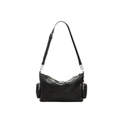 Black leather crossbody bag with silver-toned hardware and side pockets in desigual brown polyester handbag style