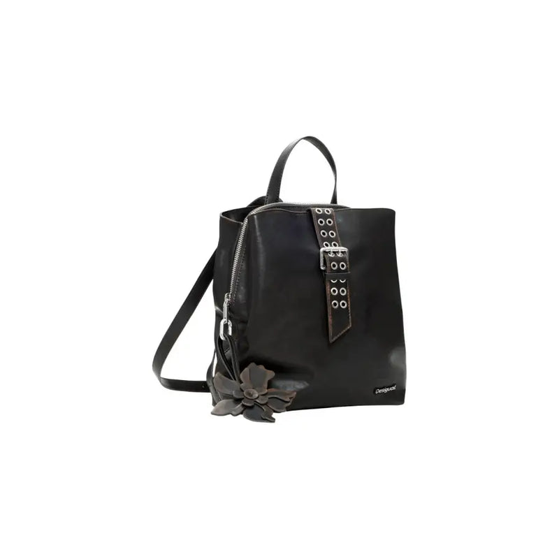 Desigual brown polyester rucksack with zip pockets featuring a black leather backpack design with silver buckle strap and gray flower accent