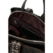 Black leather tote bag with silver zippers and studded strap details shown with desigual brown polyester rucksack with zip pockets