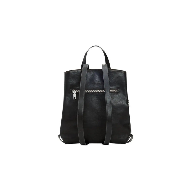 Black leather backpack with subtle textured finish and silver zipper accents in Desigual brown polyester rucksack design