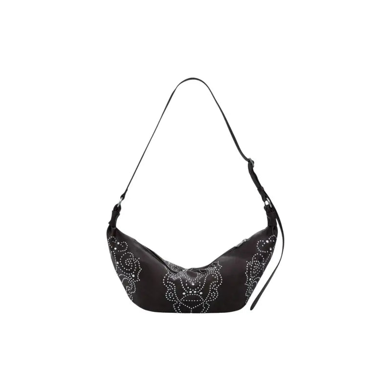 Black shoulder bag with silver stud embellishments featuring a floral or paisley pattern