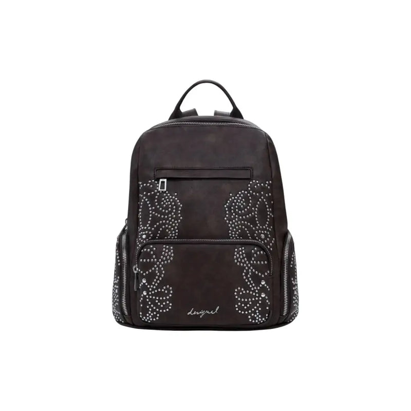 Black polyurethane backpack with silver stud floral embellishments and multiple pockets