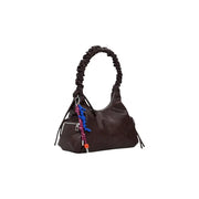 Dark brown polyurethane shoulder bag with ruched strap and colorful braided charm