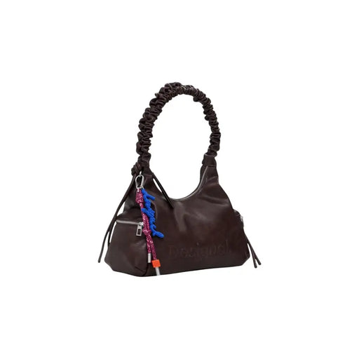 Dark brown polyurethane shoulder bag with ruched strap and colorful braided charm
