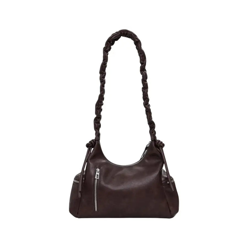 Dark brown leather shoulder bag with ruched strap and front zipper pocket for Desigual