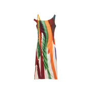 Desigual brown striped sleeveless midi dress with bold green orange red and white print ruched side detail polyester elastane